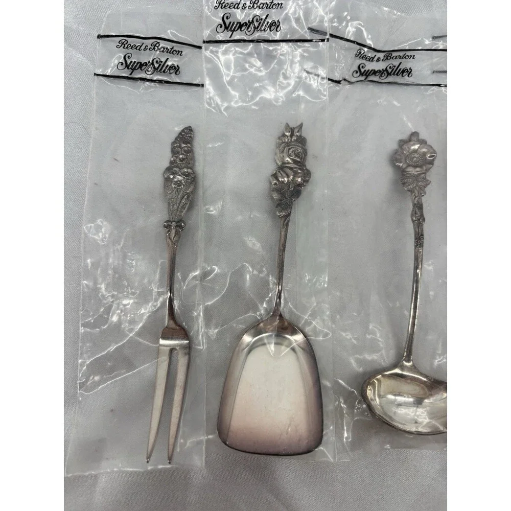 New Reed & Barton Harlequin Rose Silverplate 5 Pc Hostess Serving Set Floral Vtg
